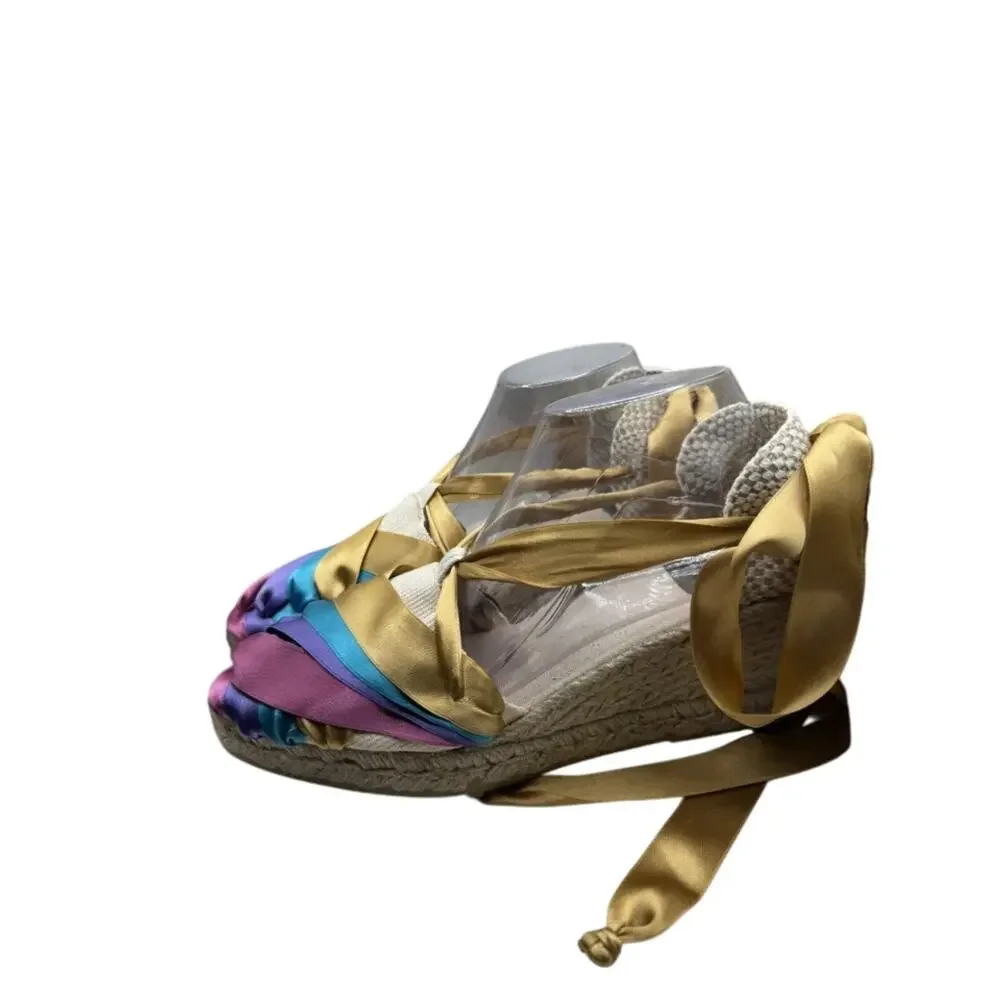 Sevillas Women Multicolored Ribbon Wedge Espadrille Sandals Gold Ties Size 42